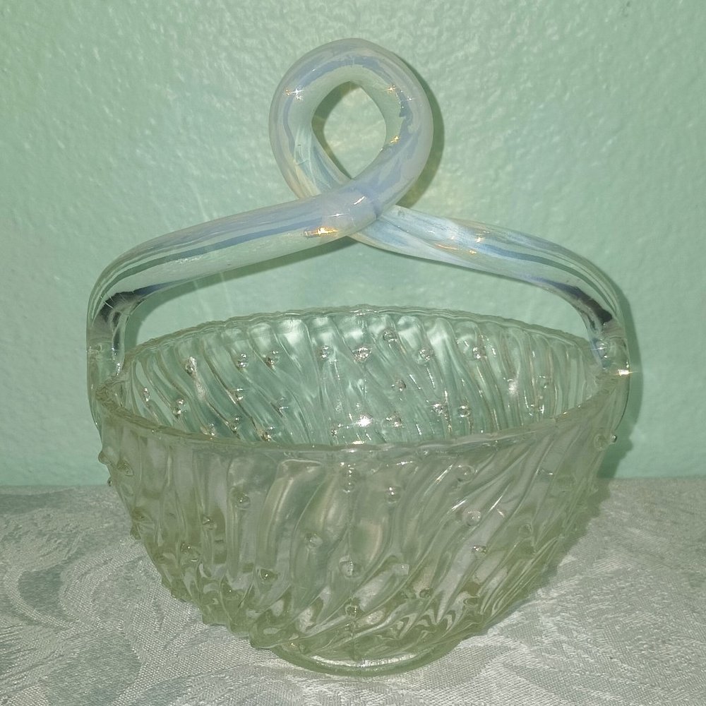 Antique Jefferson Art Glass Clear and Opalescent Bowl with Looped Handle